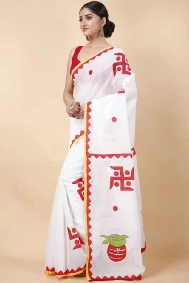 Grey Red Blended Cotton Albela Hand Painted Saree (9003)